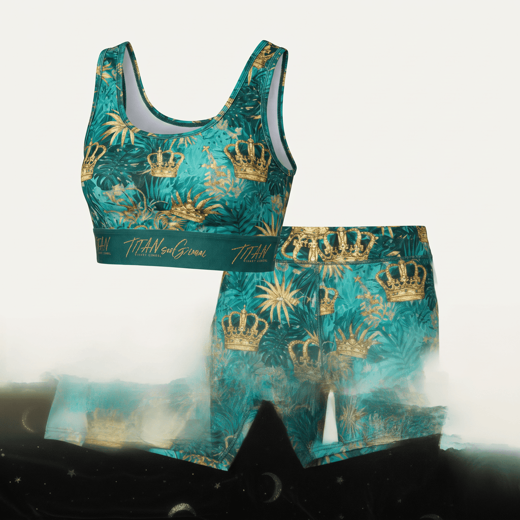 Teal and gold athletic sports bra and matching shorts set with crown and tropical leaf print.