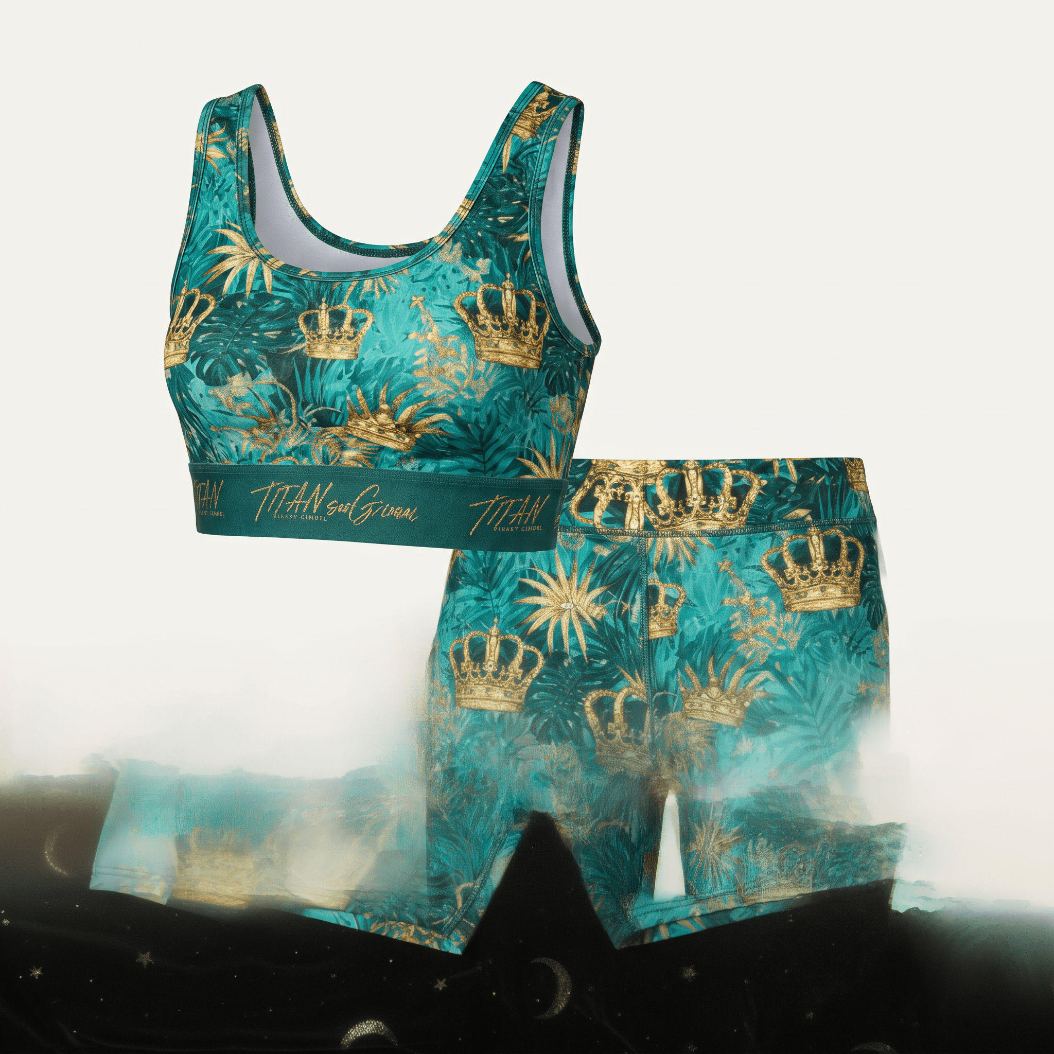 Teal and gold athletic sports bra and matching shorts set with crown and tropical leaf print.