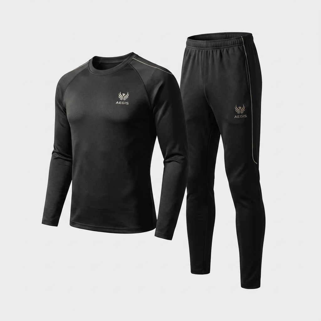 Black athletic tracksuit with long sleeve crewneck top and matching pants, featuring subtle gold AEGIS branding.