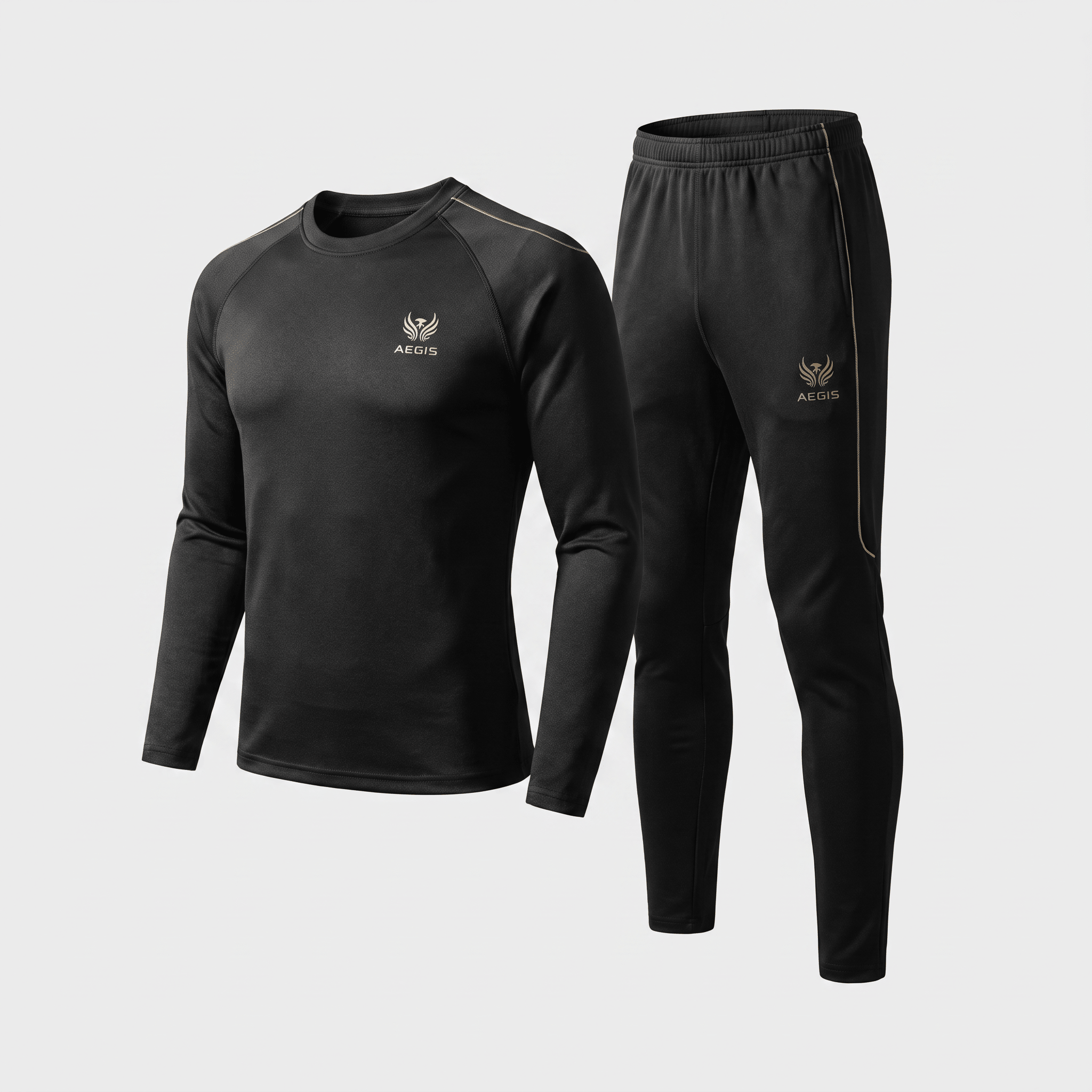 Black athletic tracksuit with long sleeve crewneck top and matching pants, featuring subtle gold AEGIS branding.