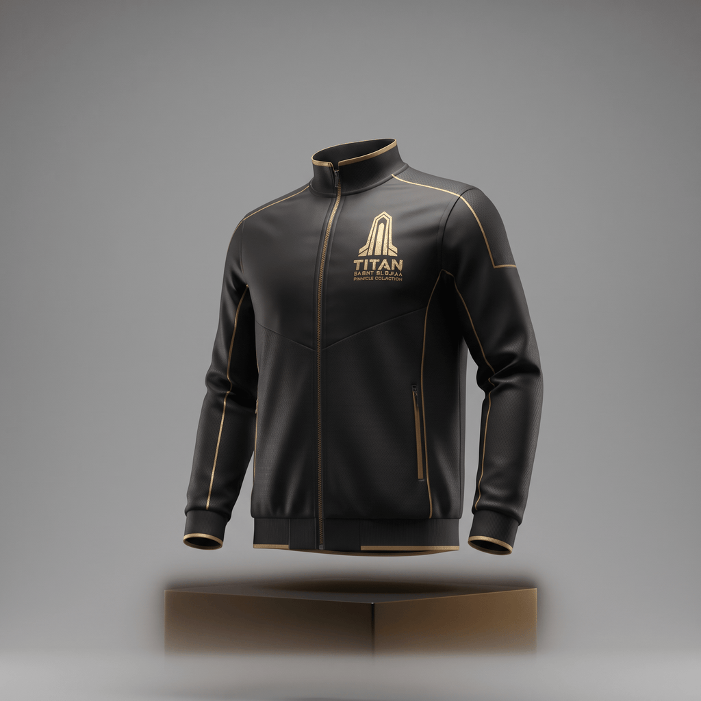 Black zip-up track jacket with gold piping and Titan logo on the chest displayed on a podium.