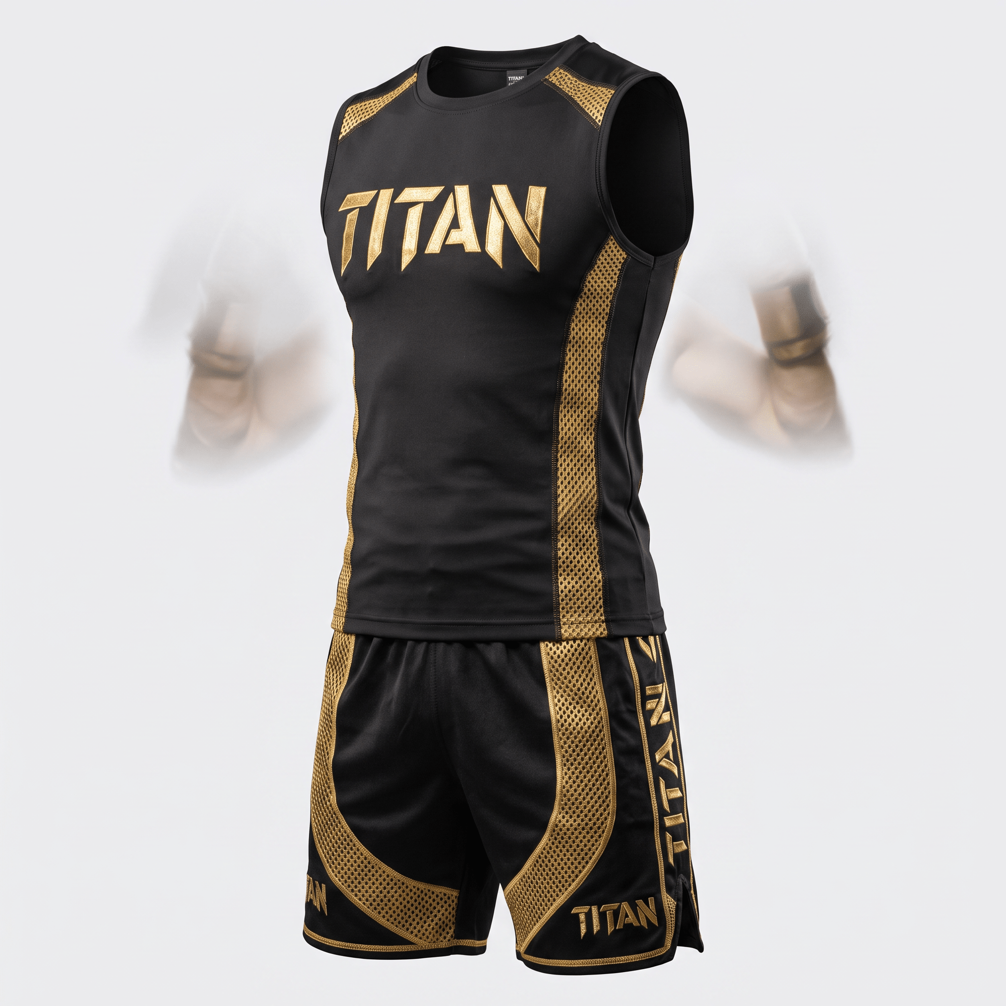 Black and gold Titan athletic sleeveless shirt and shorts training set with mesh side panels.