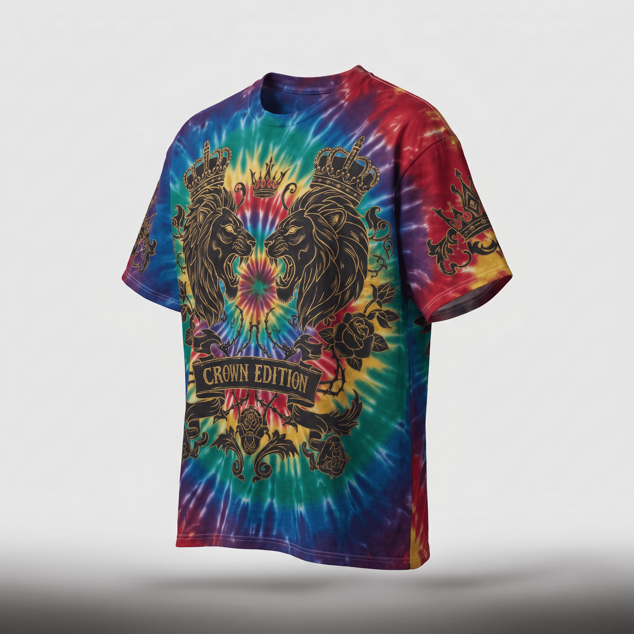 Multicolor tie-dye t-shirt featuring dual crowned lion graphics and Crown Edition text on the front.