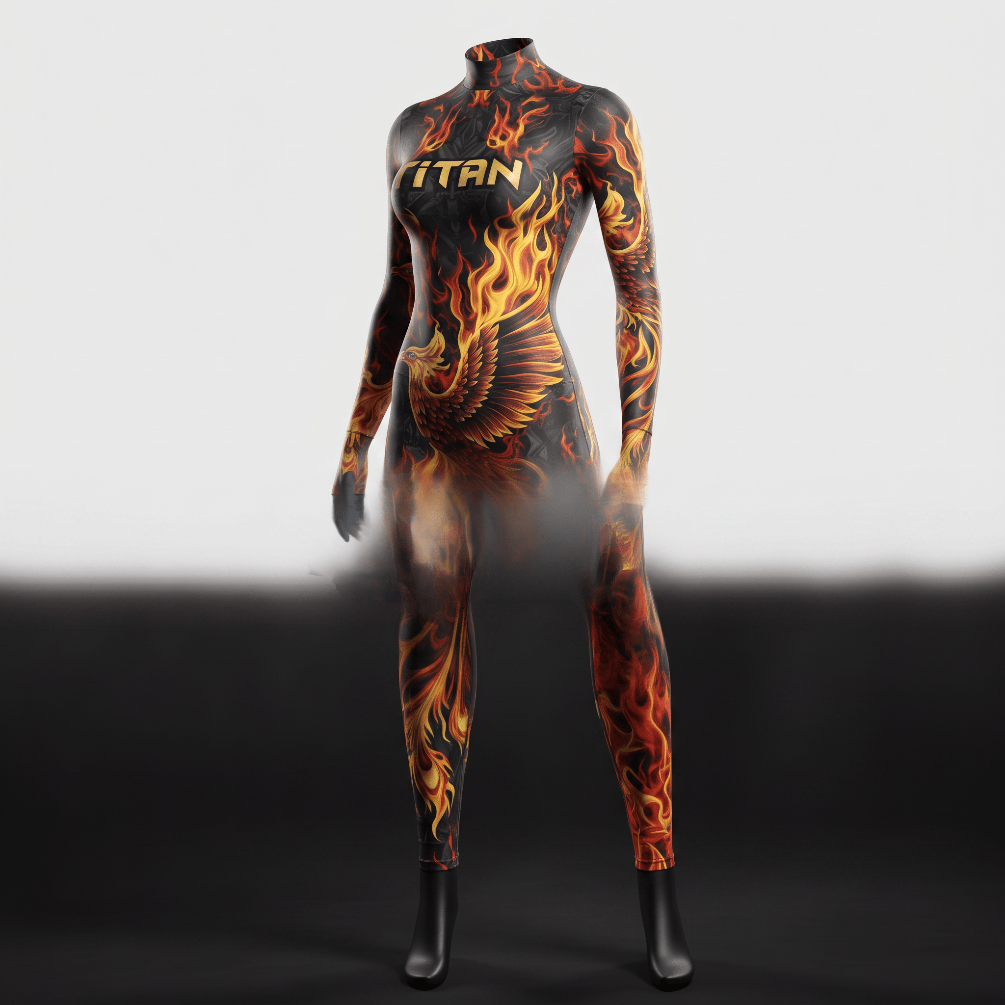Black and orange Titan bodysuit featuring a fiery phoenix graphic and flame print on a mannequin.