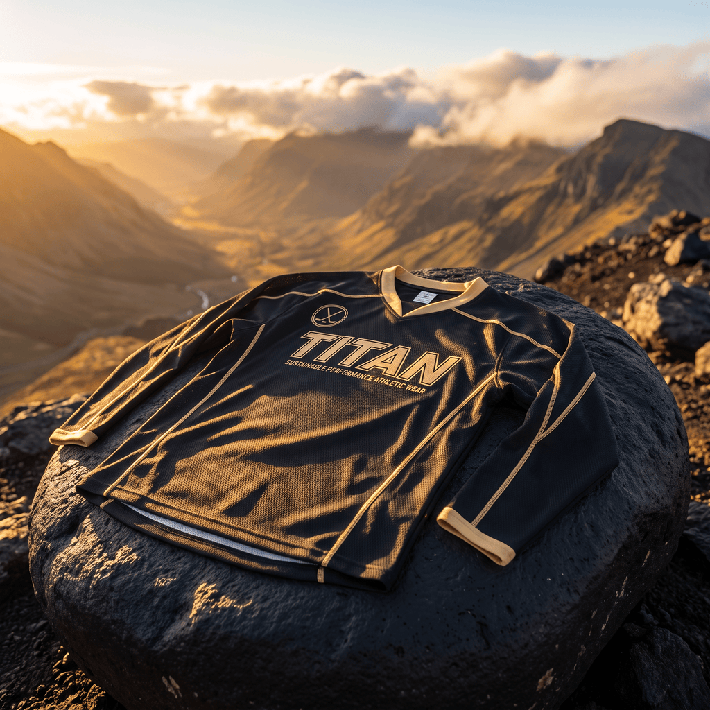 Black long-sleeve athletic jersey with gold trim and "TITAN" logo resting on a rock against a mountainous sunset.