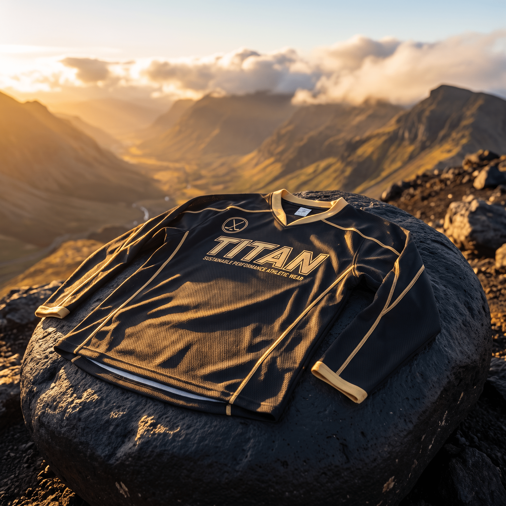 Black long-sleeve athletic jersey with gold trim and "TITAN" logo resting on a rock against a mountainous sunset.