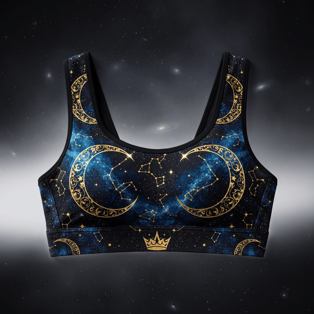 Black sports bra featuring a blue galaxy print with gold crescent moons, constellations, and a crown logo.