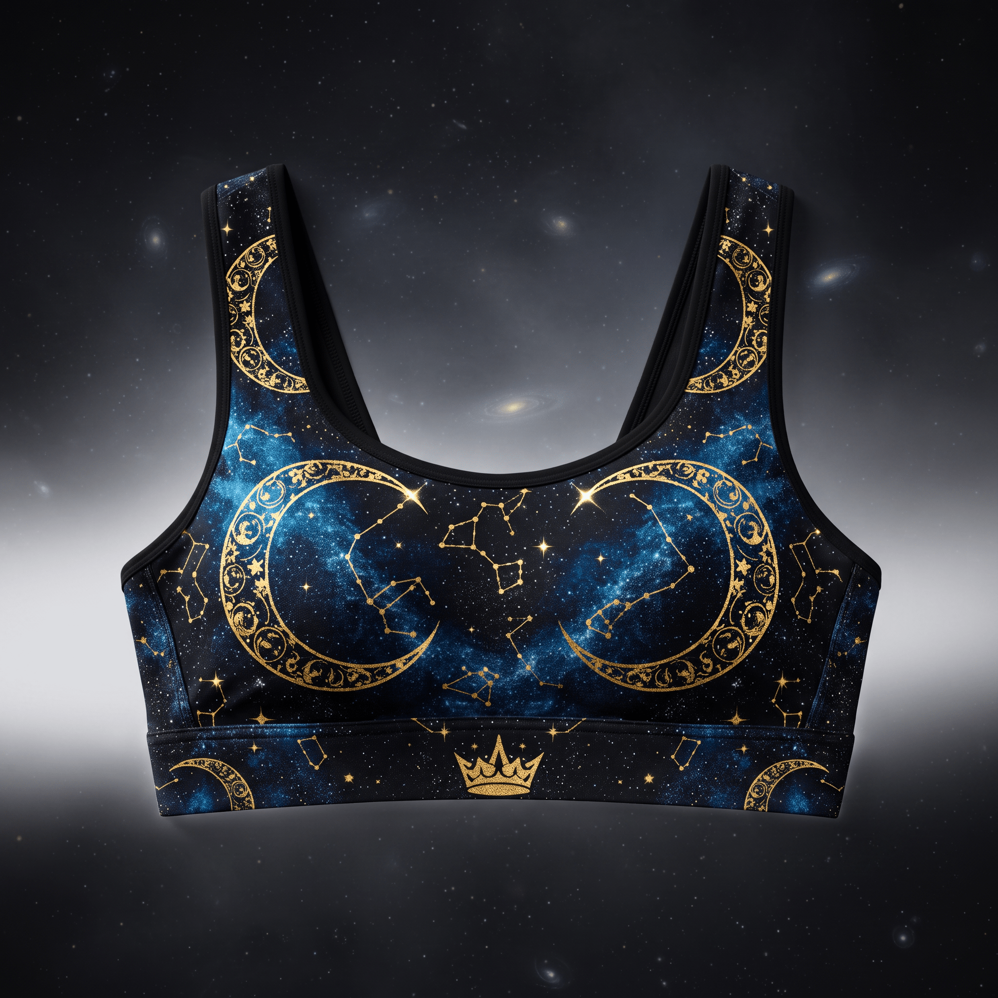 Black sports bra with a blue galaxy print, gold crescent moons, and constellation designs against a starry background.