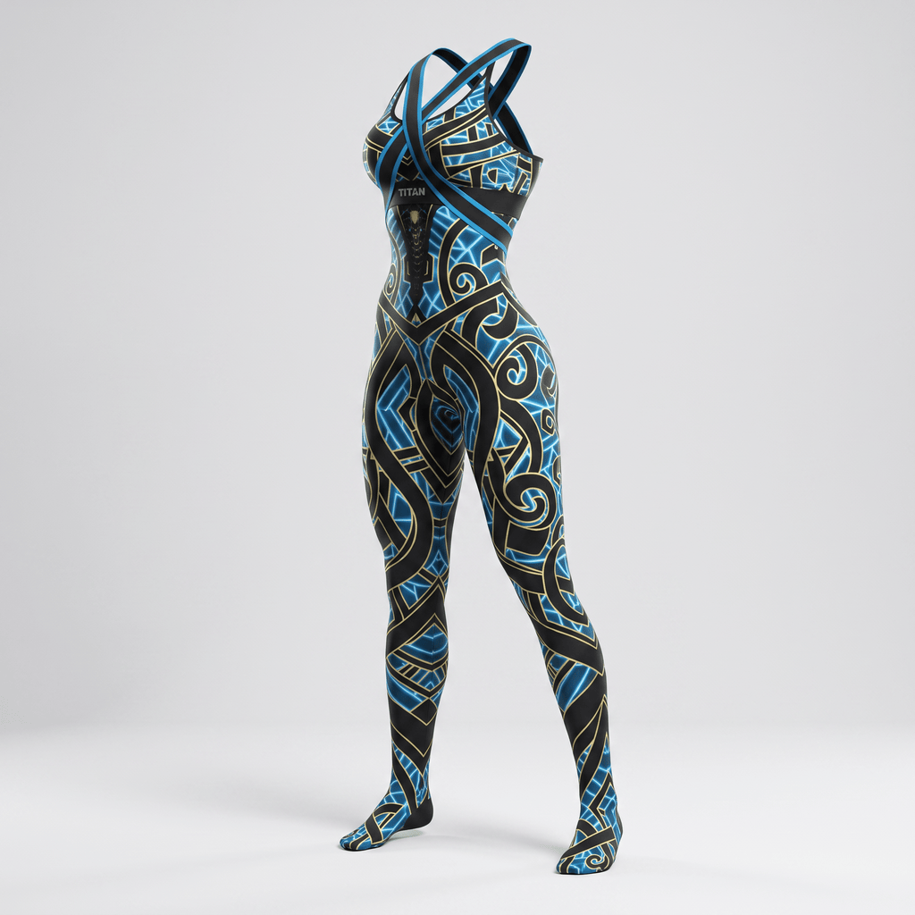 Blue and black full-body athletic onesie with glowing cyan patterns and crisscross straps.