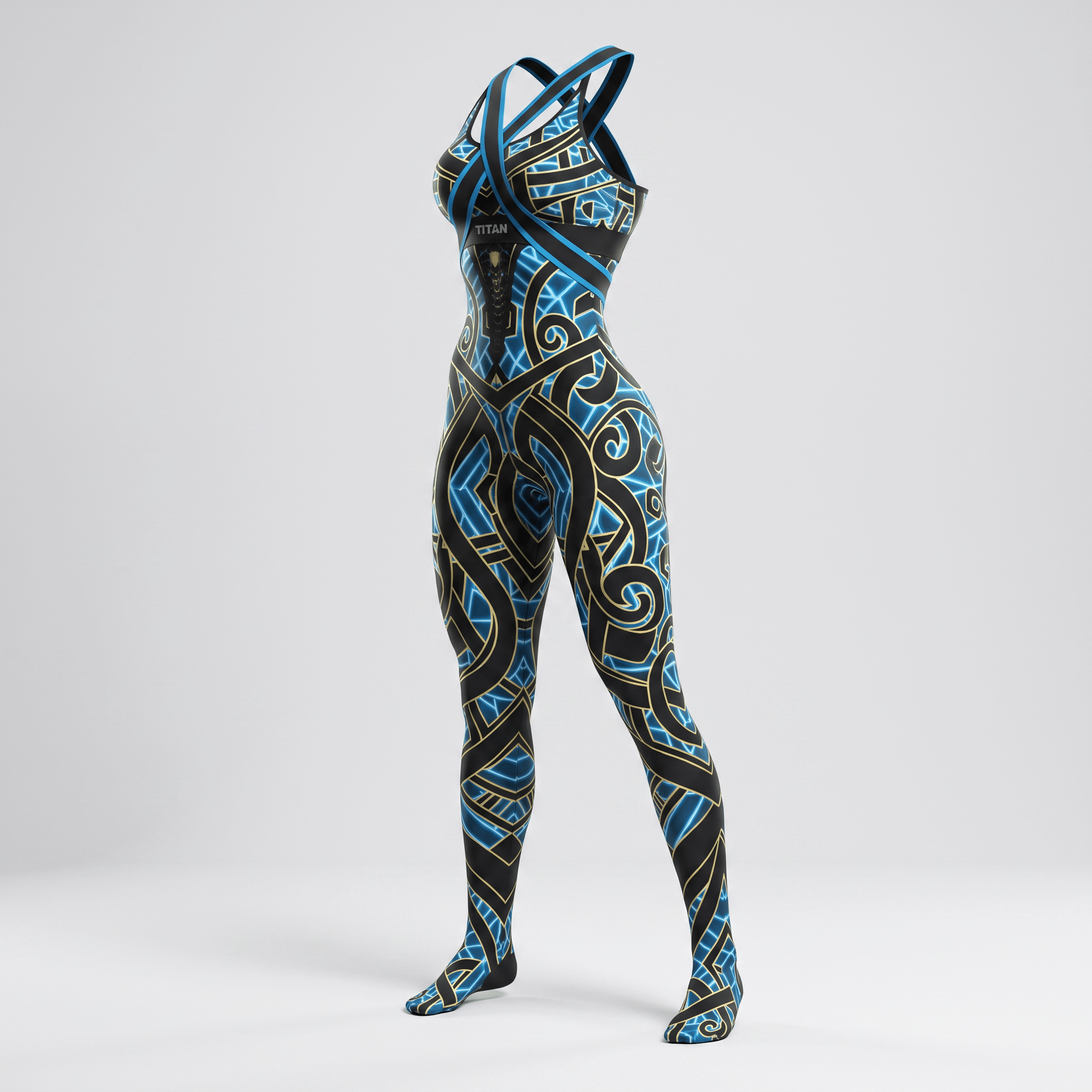 Blue and black full-body athletic onesie with glowing cyan patterns and crisscross straps.