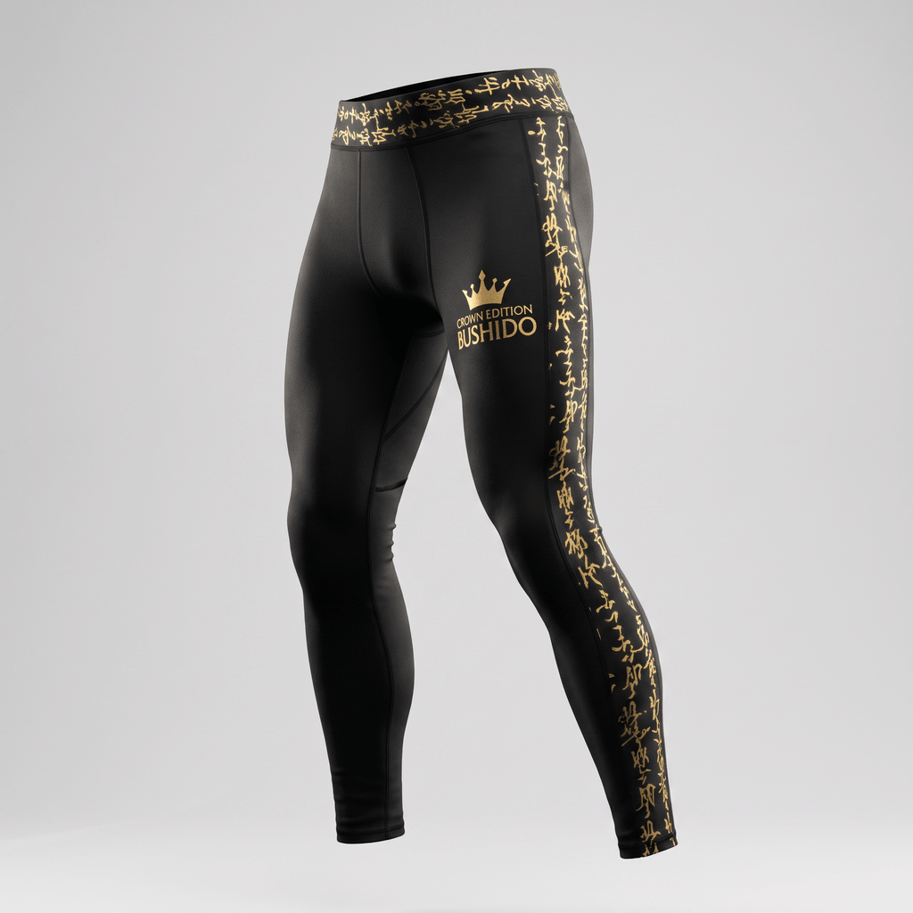 Black and gold Bushido Crown Edition compression tights with Japanese calligraphy print down the leg.