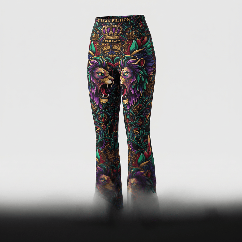 High-waisted flared leggings featuring a vibrant, ornate print of roaring lions, crowns, and foliage in purple and green.
