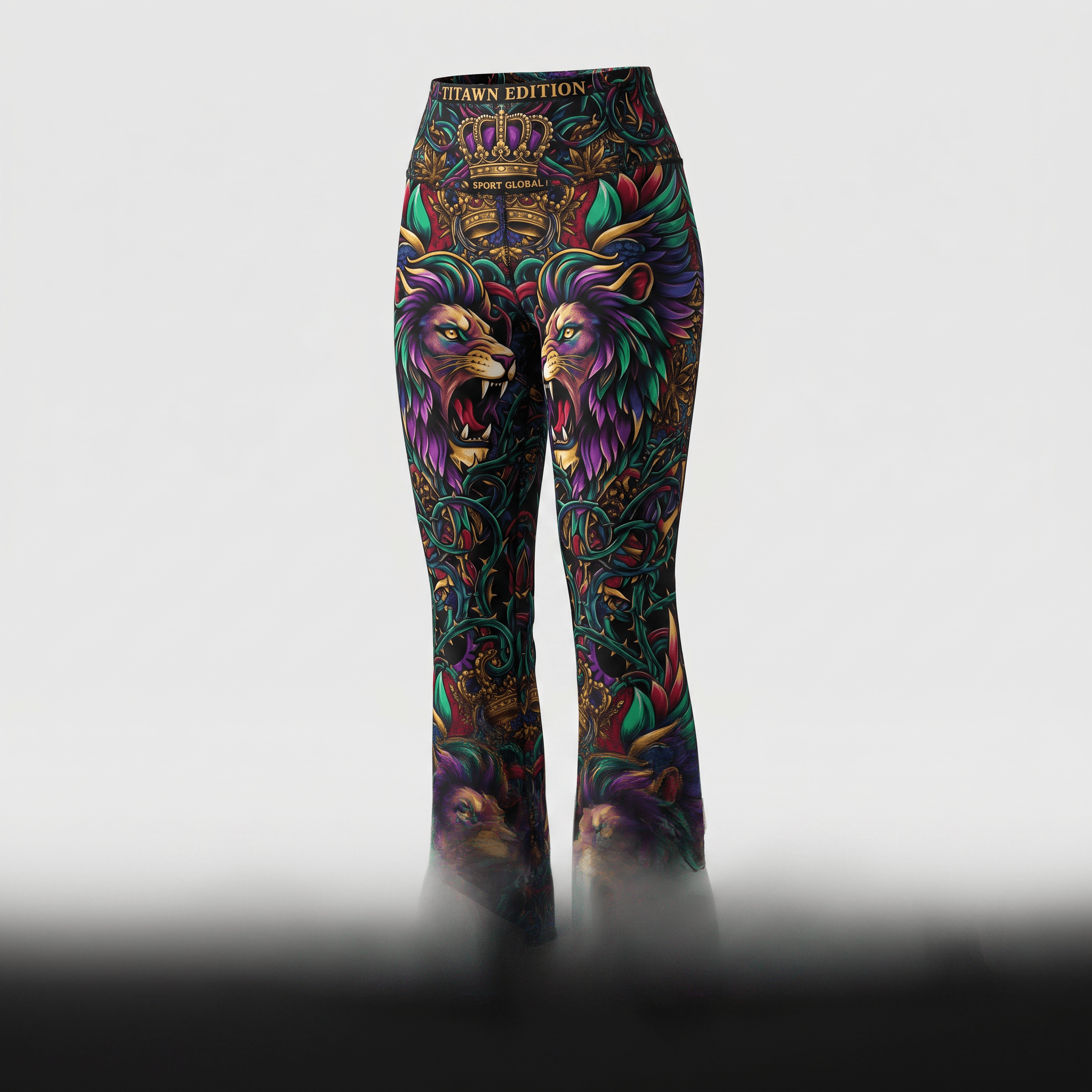High-waisted flared leggings featuring a vibrant, ornate print of roaring lions, crowns, and foliage in purple and green.