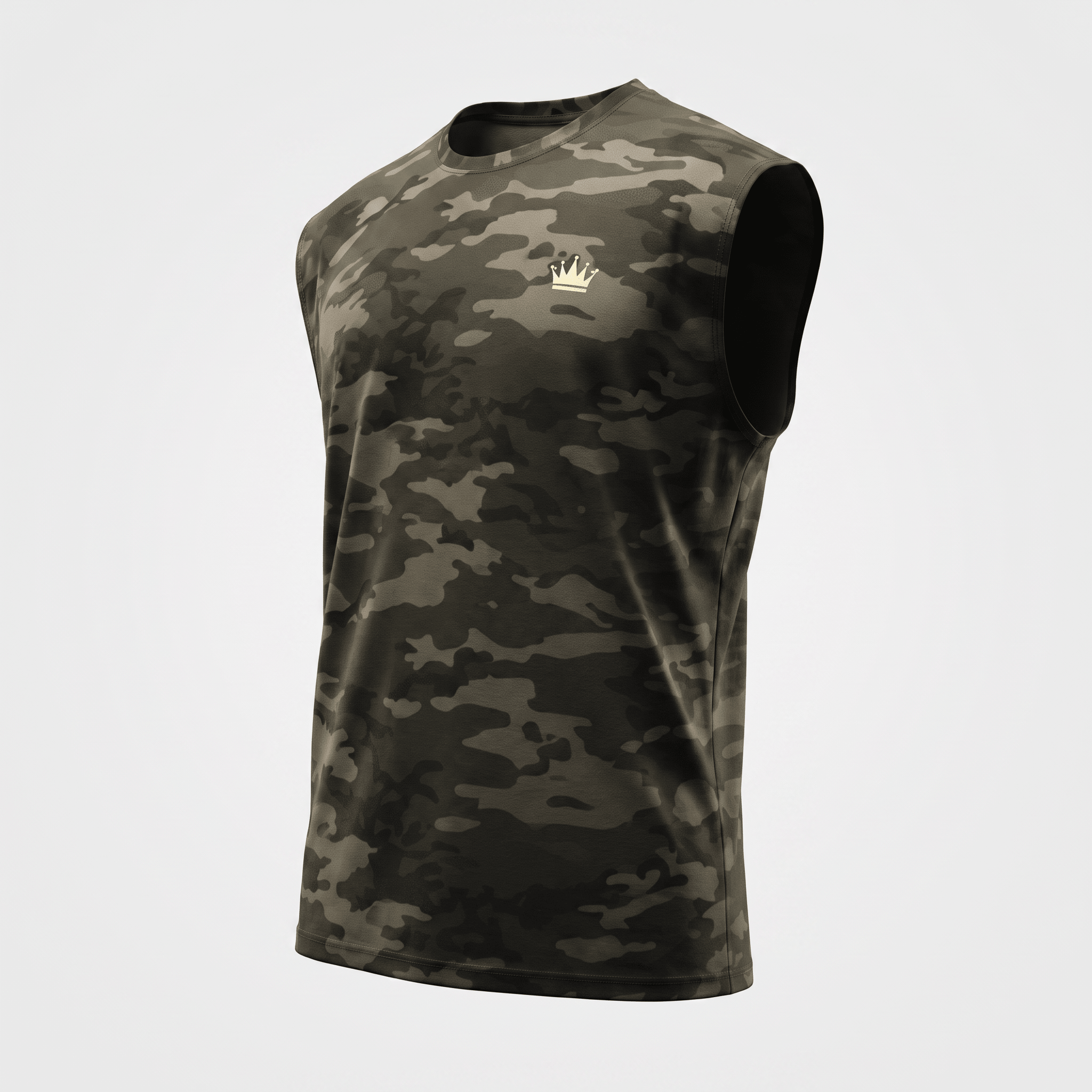 Green camouflage sleeveless athletic tank top with a gold crown logo on the chest.