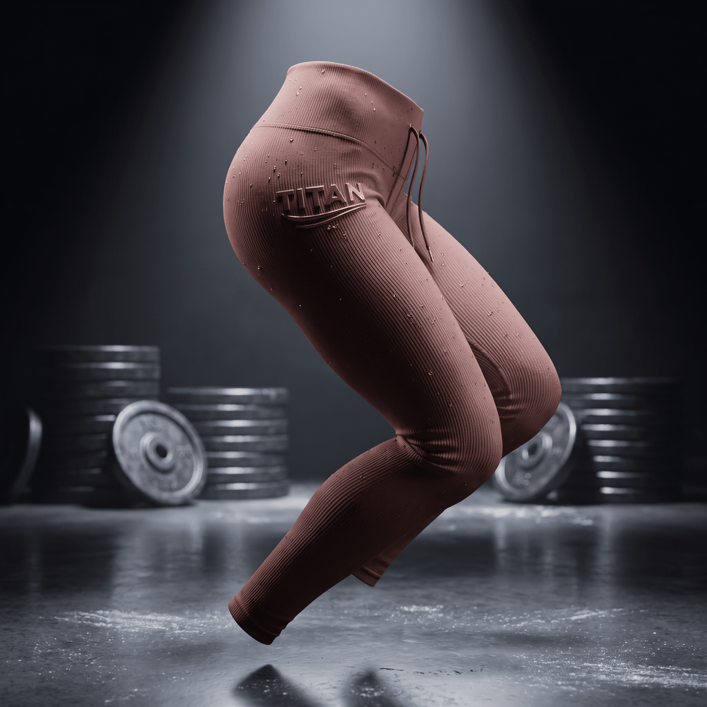 Dusty rose ribbed leggings with drawstring, featuring the "TITAN" logo, floating in a gym with weight plates.
