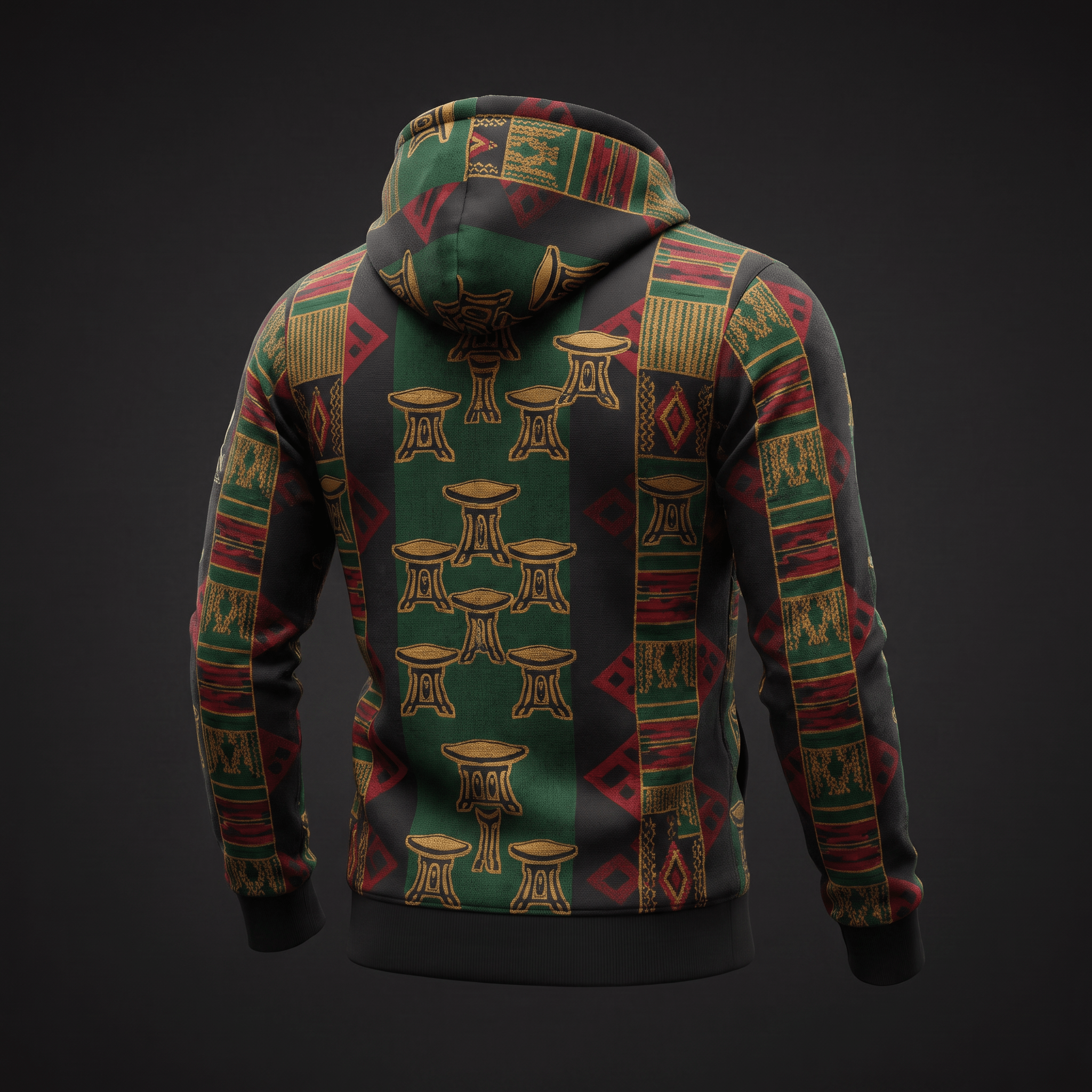 Back view of a black hoodie featuring green, red, and gold African stool print patterns.