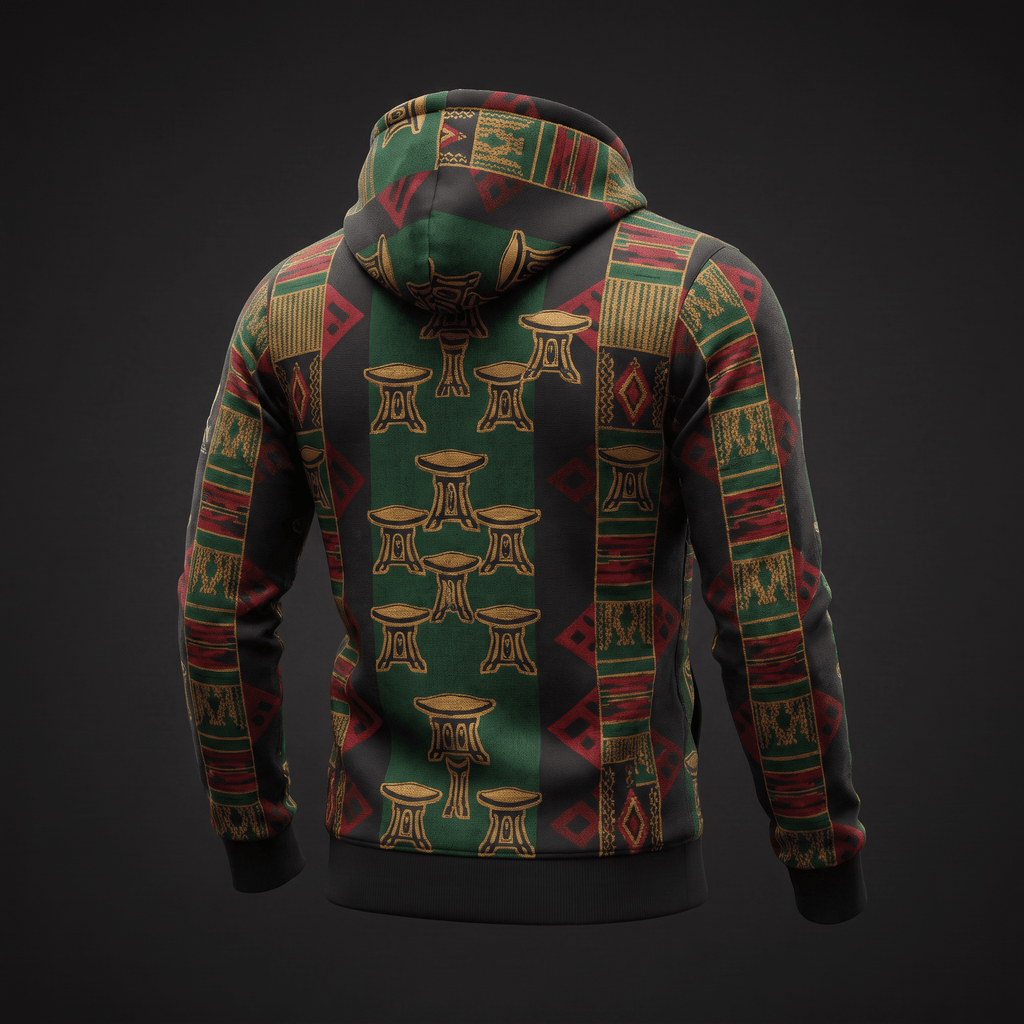 Back view of a black hoodie featuring green, red, and gold African stool print patterns.