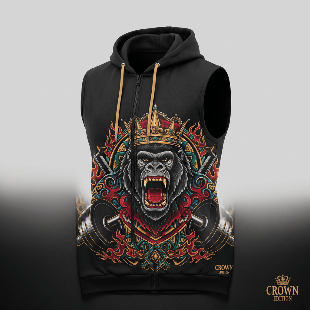 Black zip-up sleeveless hoodie featuring a fierce crowned gorilla graphic with barbells and flames.