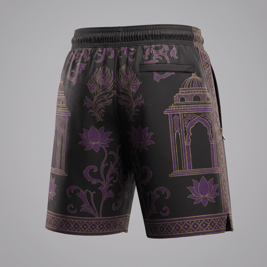 Back view of black athletic shorts featuring a purple and gold palace, lotus, and feather print.