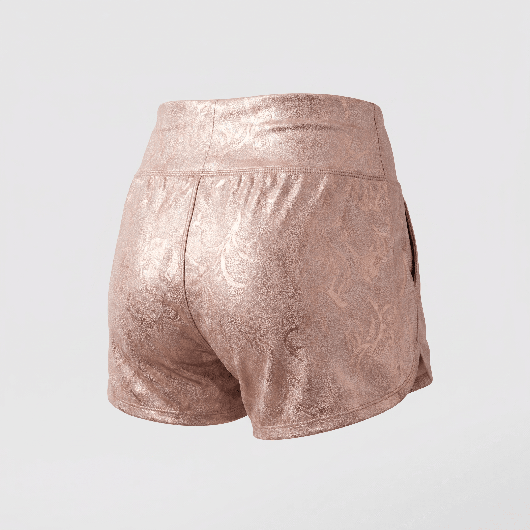 Back view of metallic rose gold athletic shorts with a tonal floral pattern and high-rise waistband.
