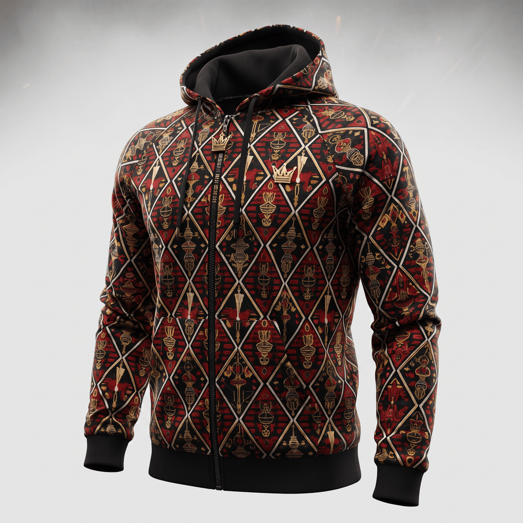 Black, red, and gold zip-up hoodie featuring a diamond argyle pattern with intricate cultural motifs and gold crown zipper pulls.
