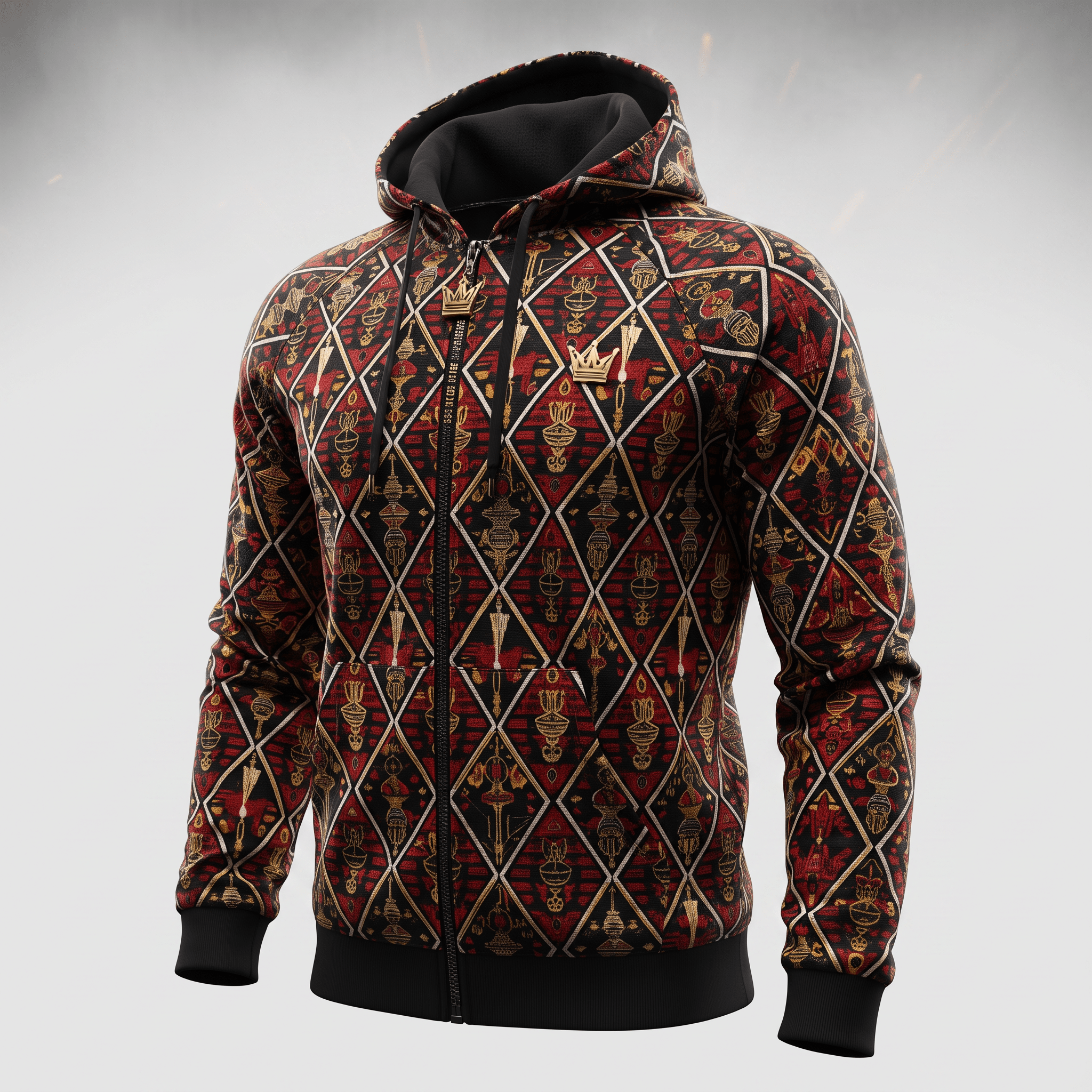 Black, red, and gold zip-up hoodie featuring a diamond argyle pattern with intricate cultural motifs and gold crown zipper pulls.