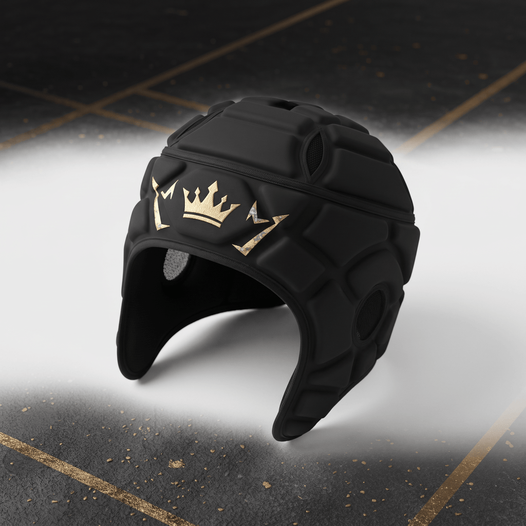 Black padded rugby scrum cap with a gold crown logo on a dark background.