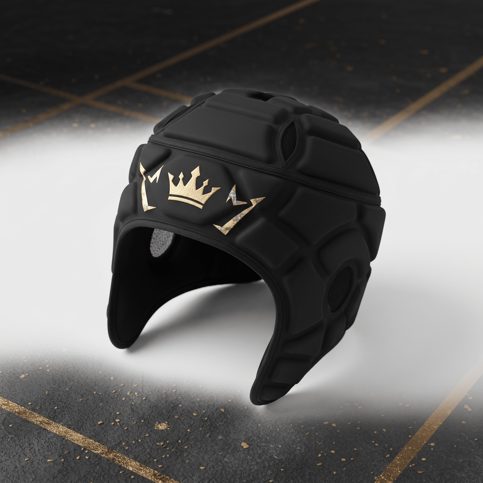 Black padded rugby scrum cap with a gold crown logo on a dark background.