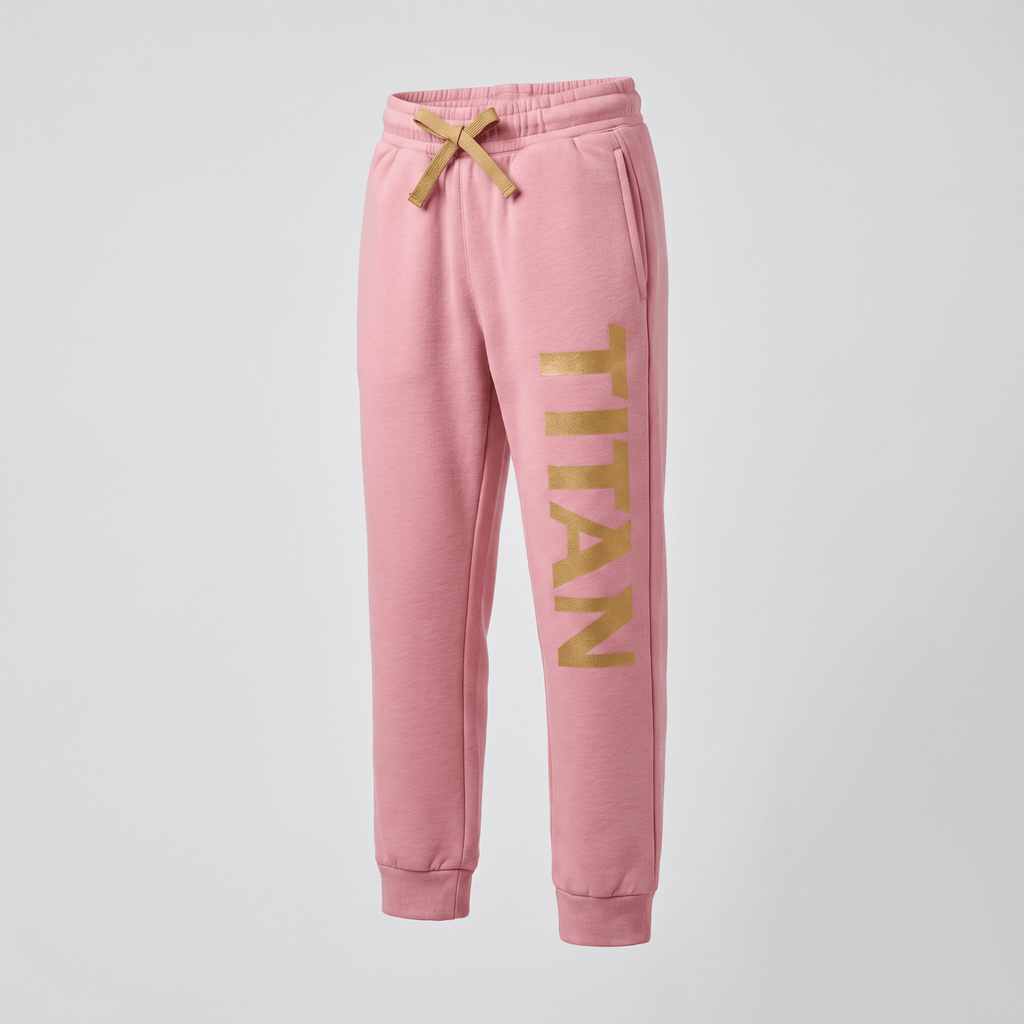 Pink Titan sweatpants with gold drawstring and vertical metallic gold Titan logo on the left leg.
