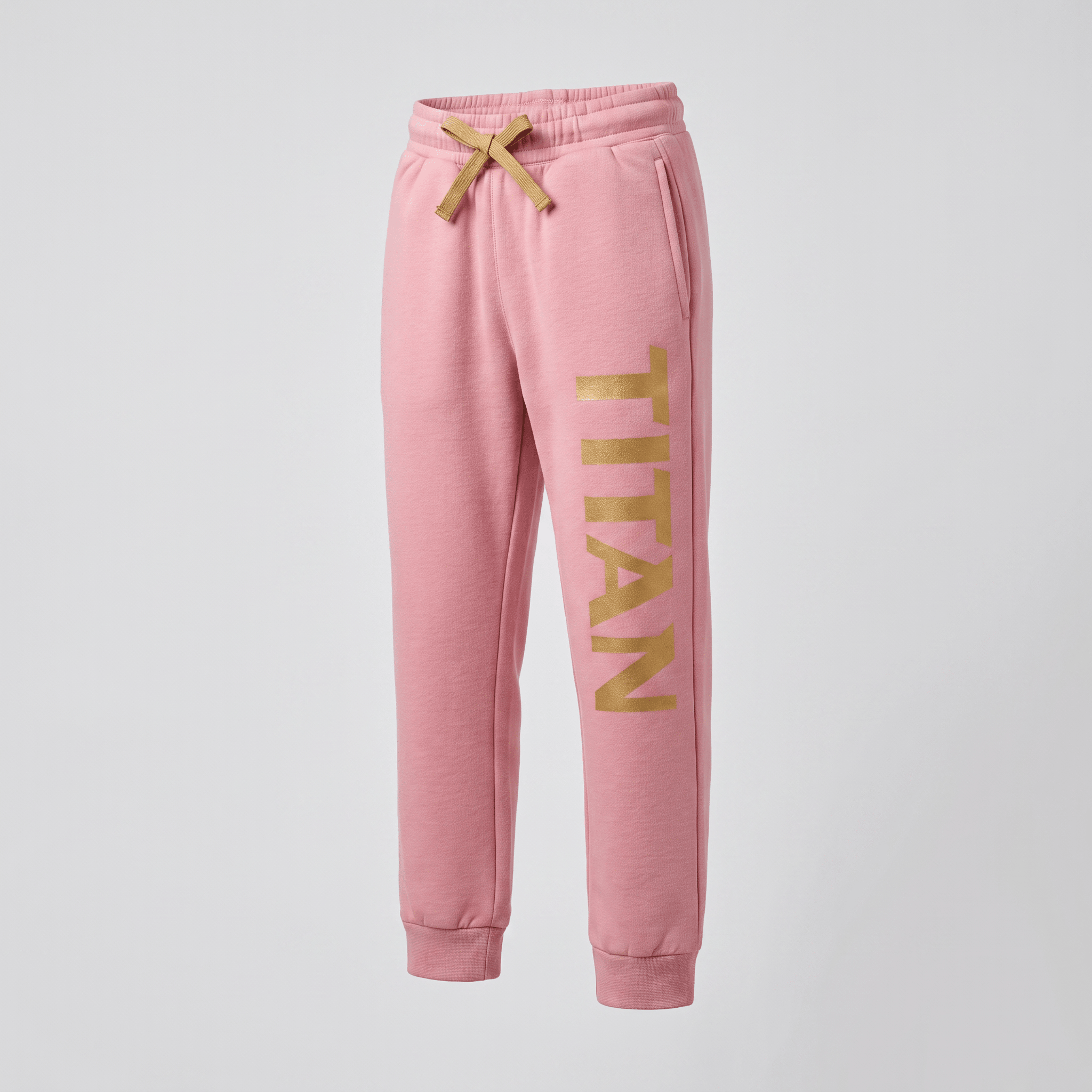 Pink fleece sweatpants with gold Titan logo and tan drawstring waist on a light grey background.