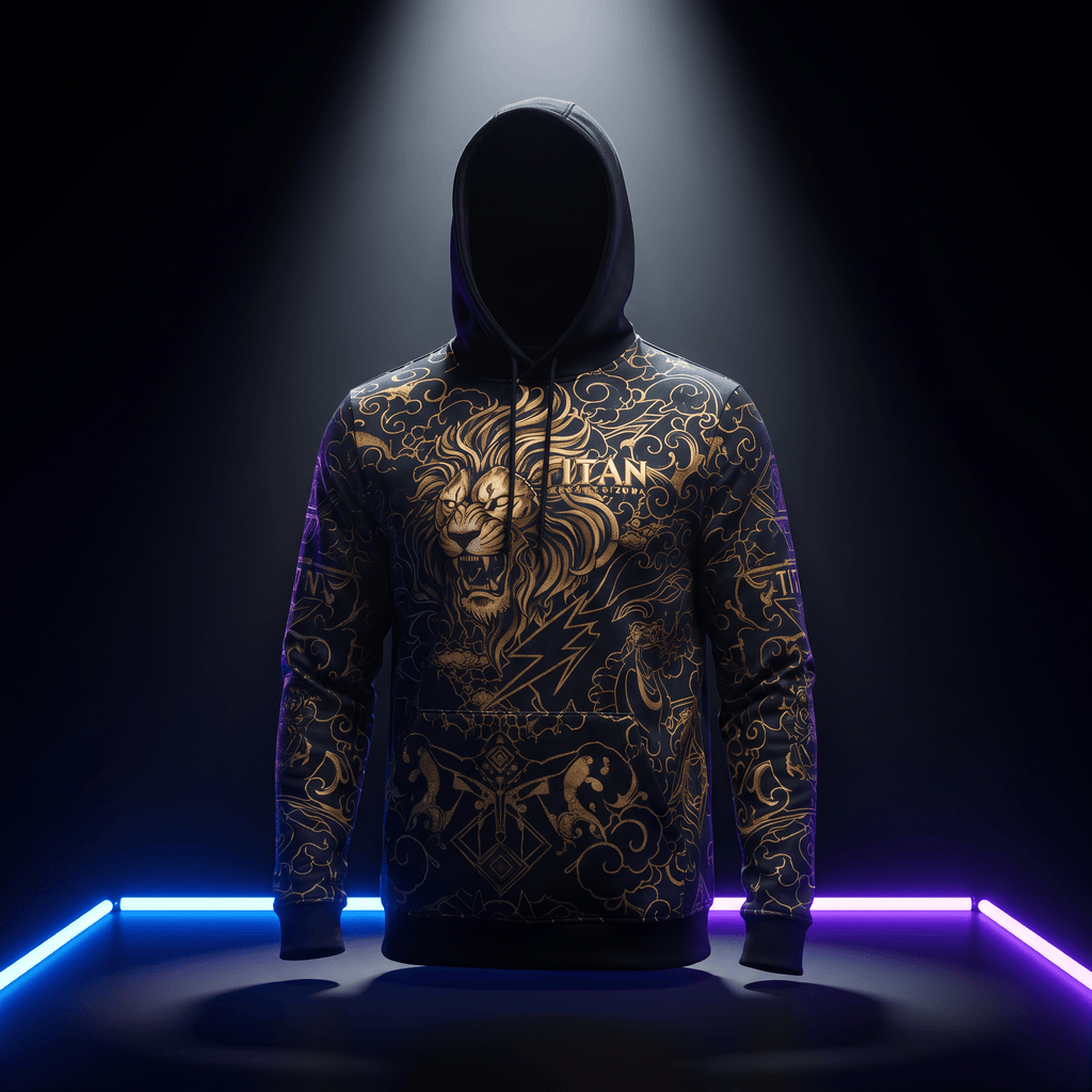 Black hoodie with gold lion graphic, intricate patterns, and "TITAN" logo, displayed under a spotlight.