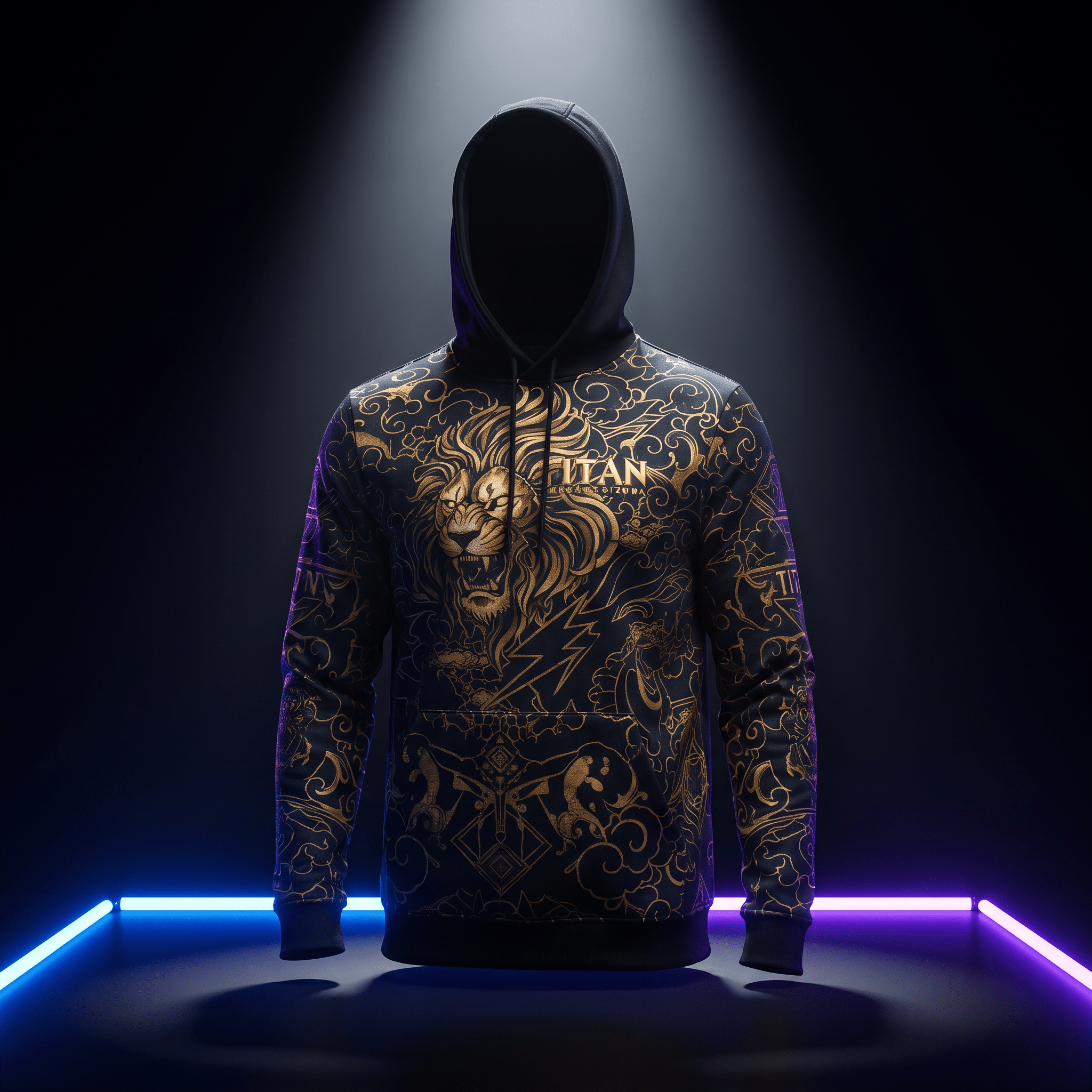 Black hoodie with gold lion graphic, intricate patterns, and "TITAN" logo, displayed under a spotlight.