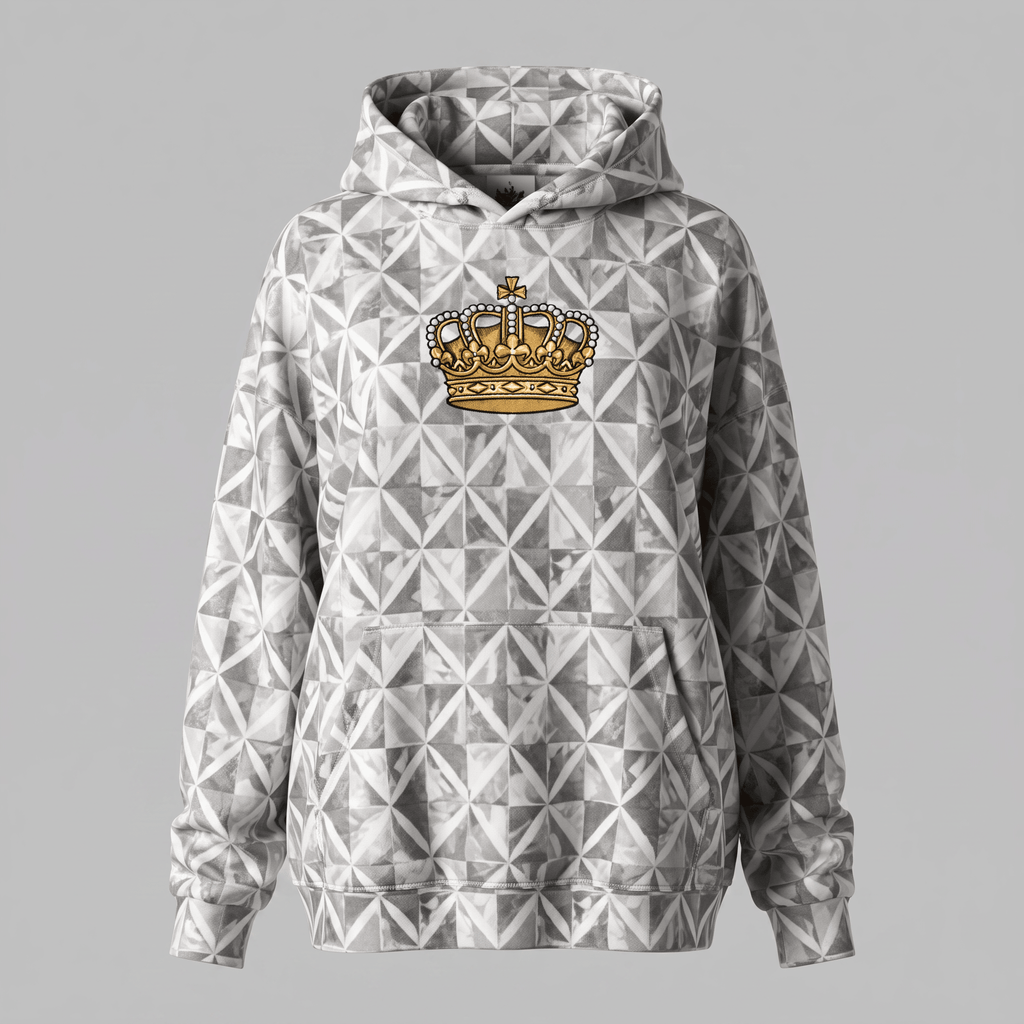 Grey and white geometric patterned hoodie with a gold crown graphic on the front.