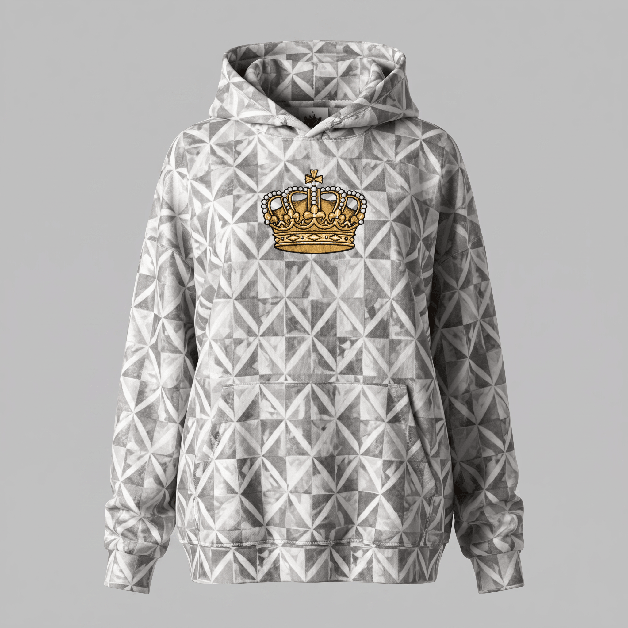 Grey and white geometric patterned hoodie with a gold crown graphic on the front.