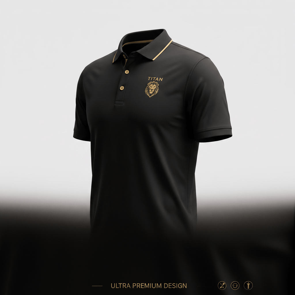 Black polo shirt with gold lion logo, collar trim, and buttons on a light background.