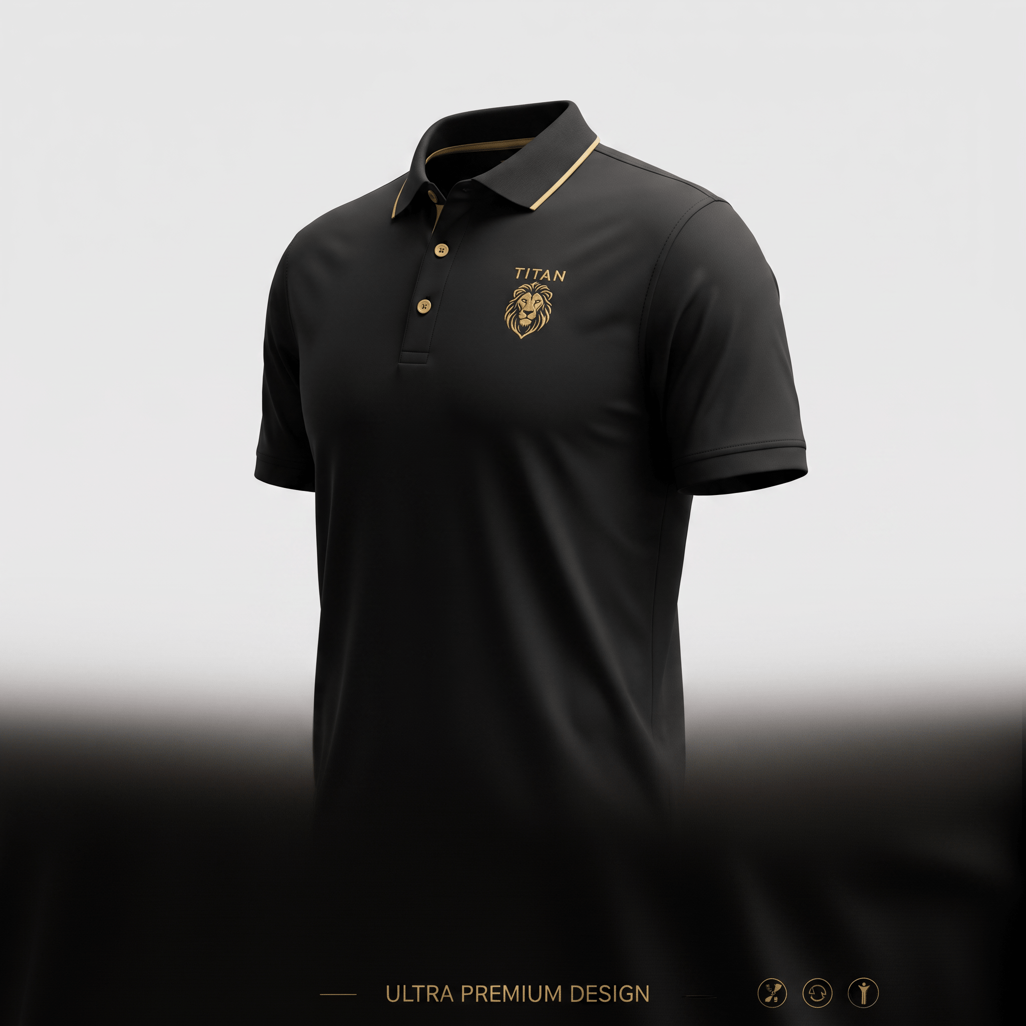 Black polo shirt with gold lion logo, collar trim, and buttons on a light background.