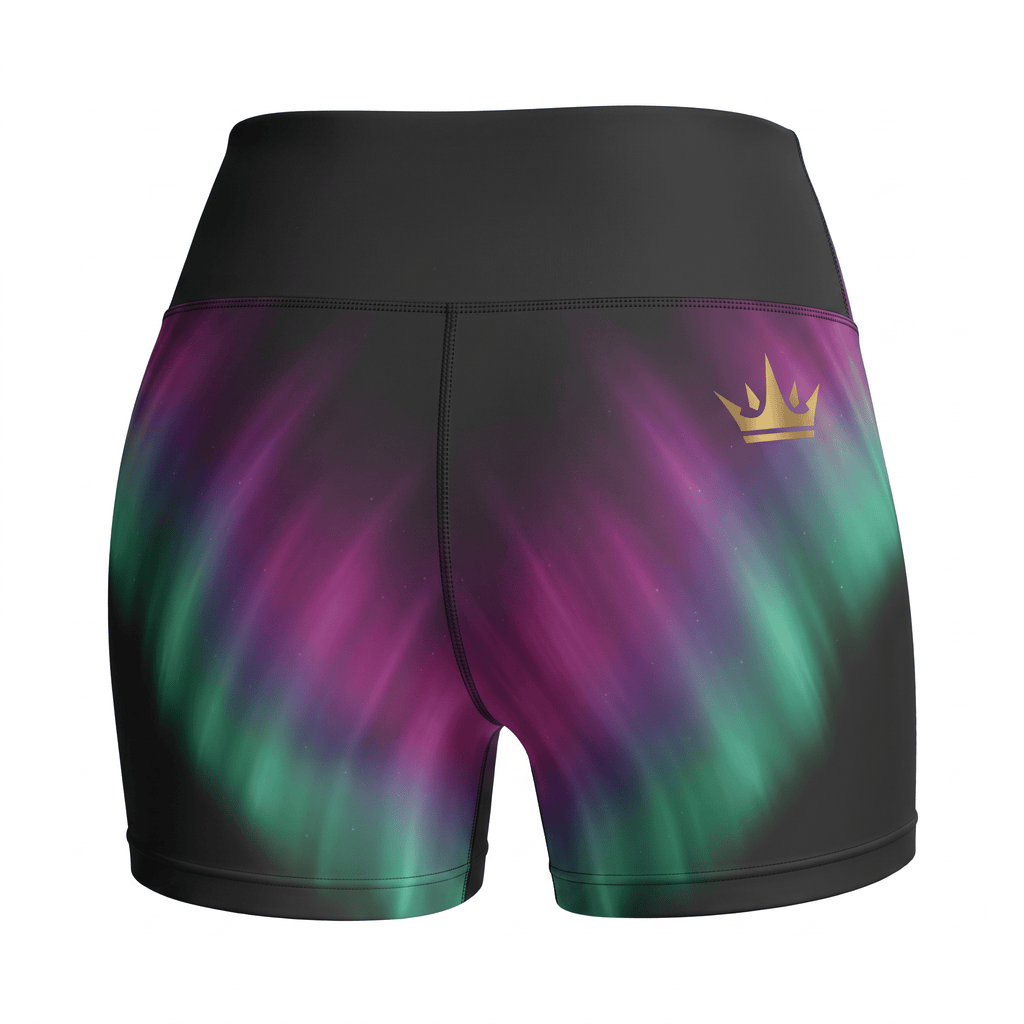 Rear view of high-waisted athletic shorts featuring a purple and green aurora borealis print and gold crown logo.