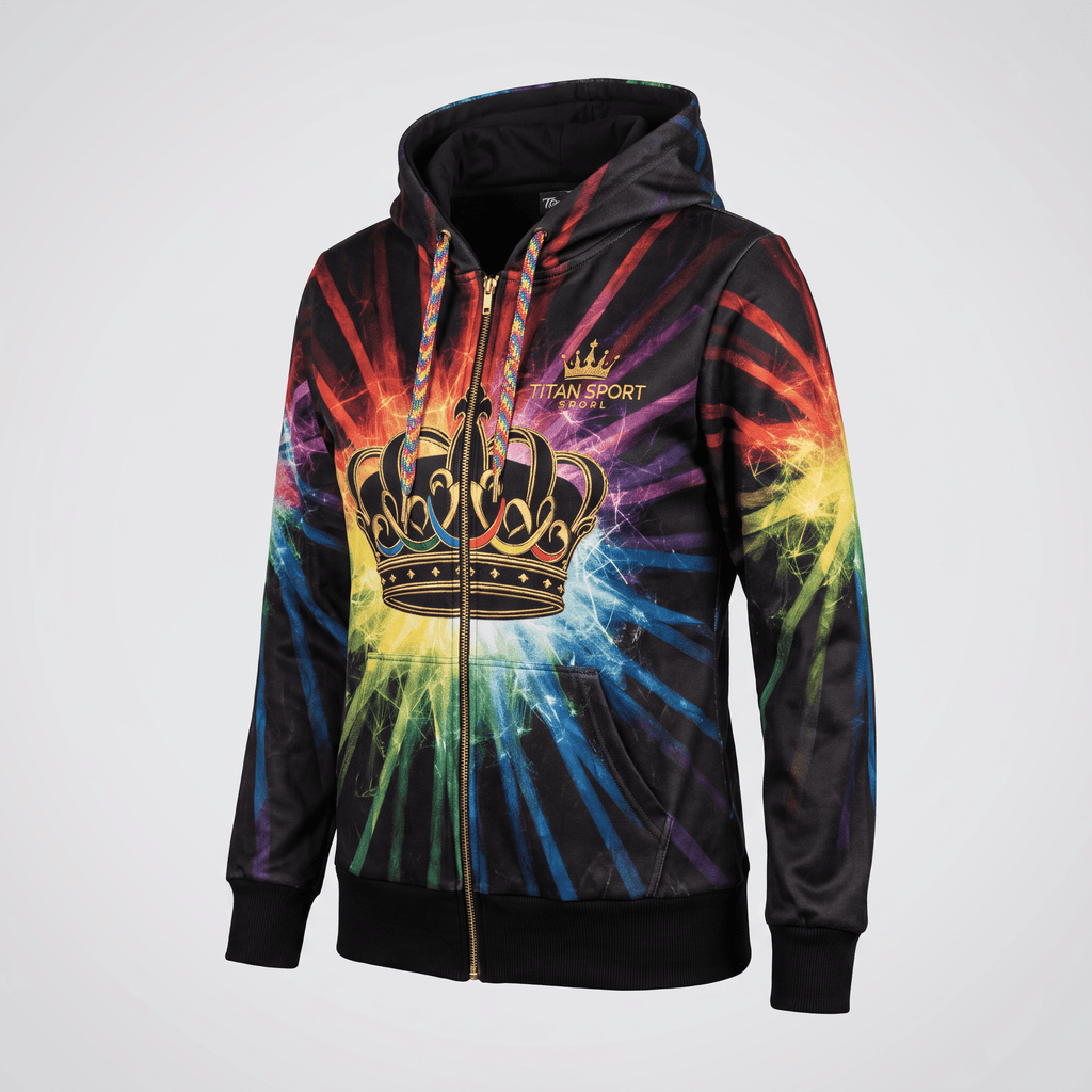 Titan Sport black zip hoodie with vibrant rainbow sparkler print and gold crown logo on front.