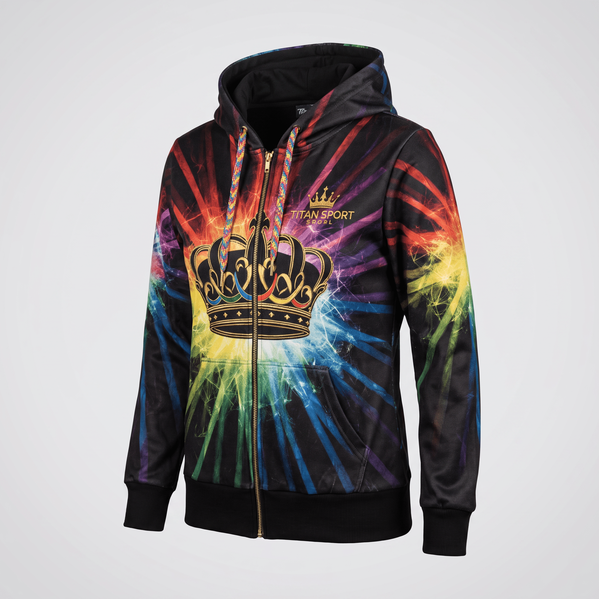 Titan Sport black zip hoodie with vibrant rainbow sparkler print and gold crown logo on front.