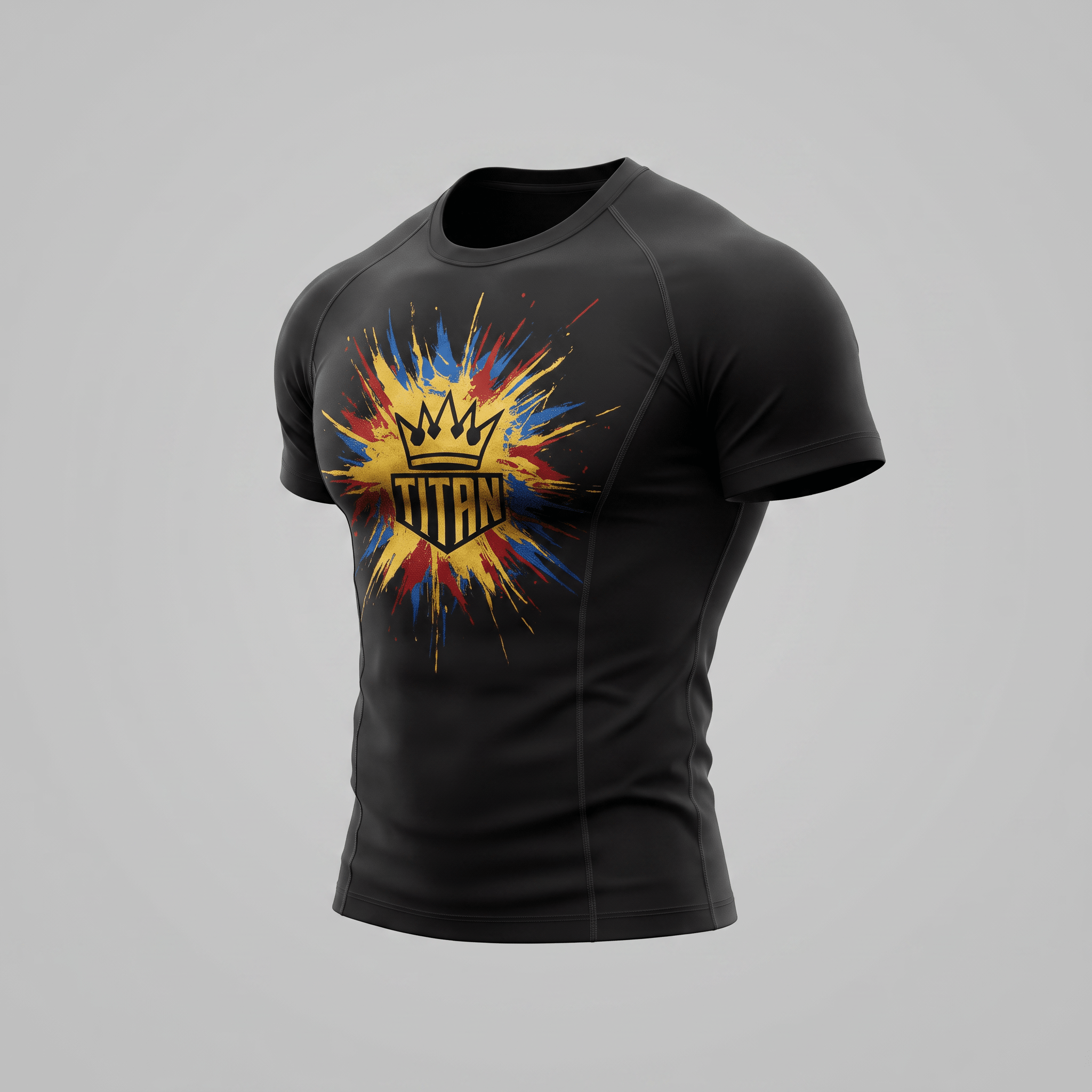 Black short-sleeve rash guard featuring a gold Titan crown logo over a colorful paint splatter graphic.