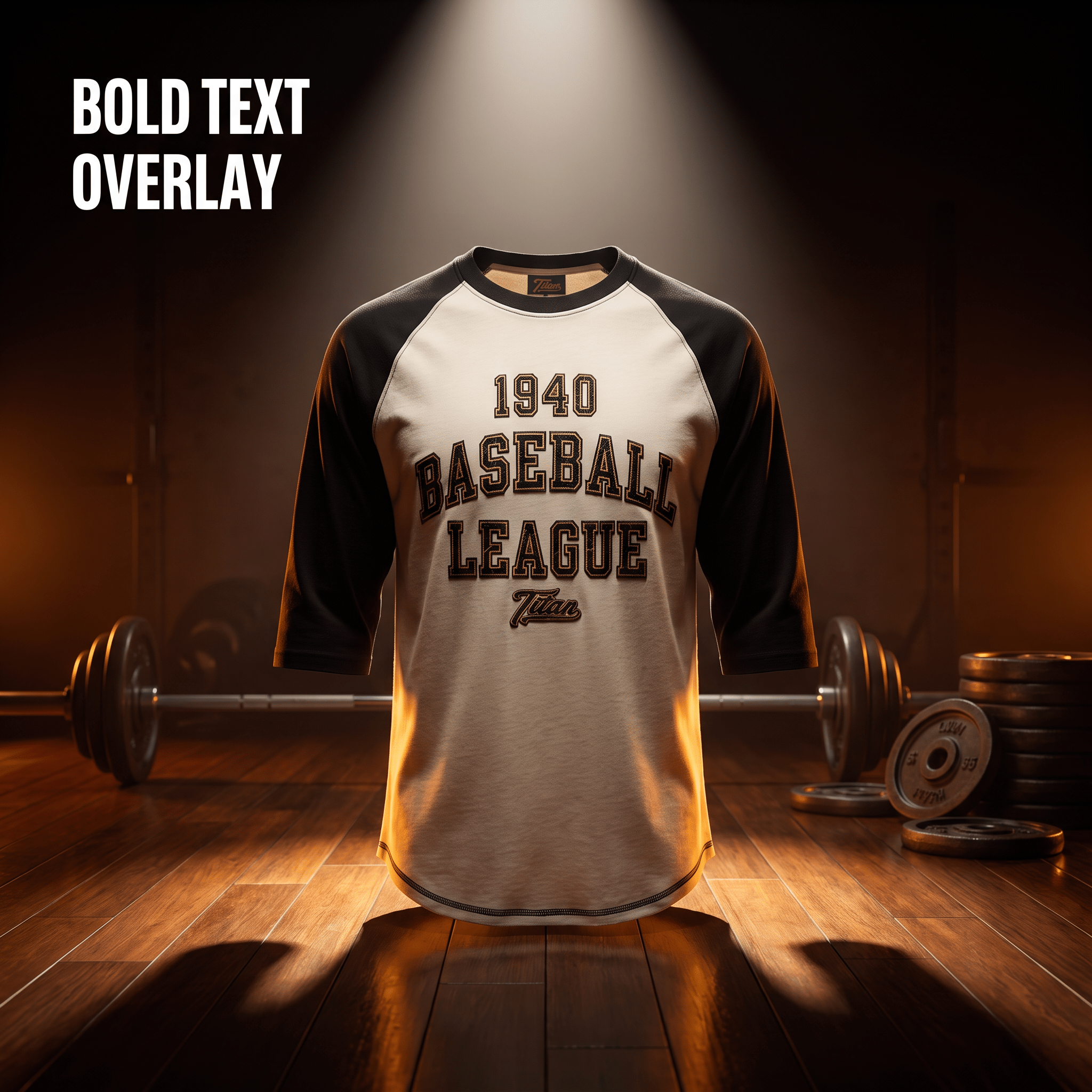 Cream and black raglan baseball tee with "1940 BASEBALL LEAGUE" text, displayed in a dimly lit gym with weight plates.