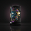 Black TITAN adjustable ankle brace featuring a gold-crowned wolf graphic, ornate purple accents, and gold branding.