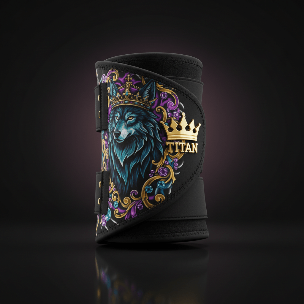 Black TITAN adjustable ankle brace featuring a gold-crowned wolf graphic, ornate purple accents, and gold branding.
