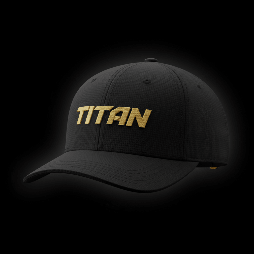 Black TITAN moisture-wicking athletic cap with a textured fabric finish and gold embroidered logo on front.