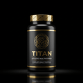 Black bottle of TITAN Athletic Multivitamin with a gold cap and logo against a reflective black background.