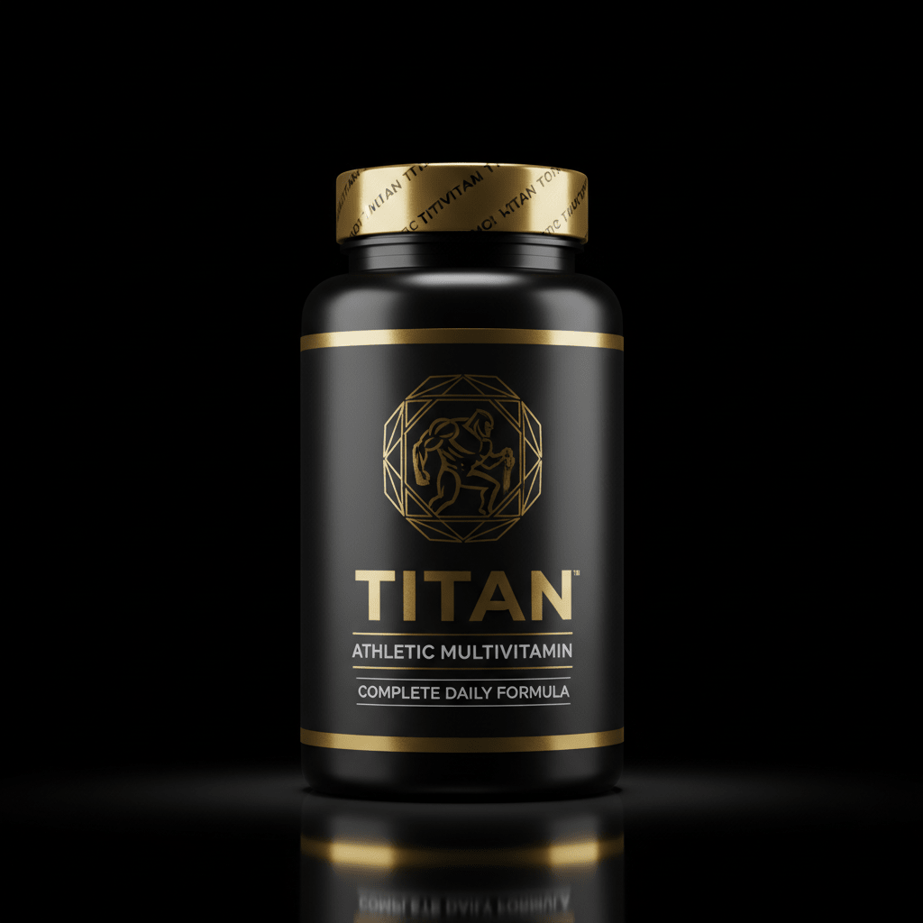 Black bottle of TITAN Athletic Multivitamin with a gold cap and logo against a reflective black background.