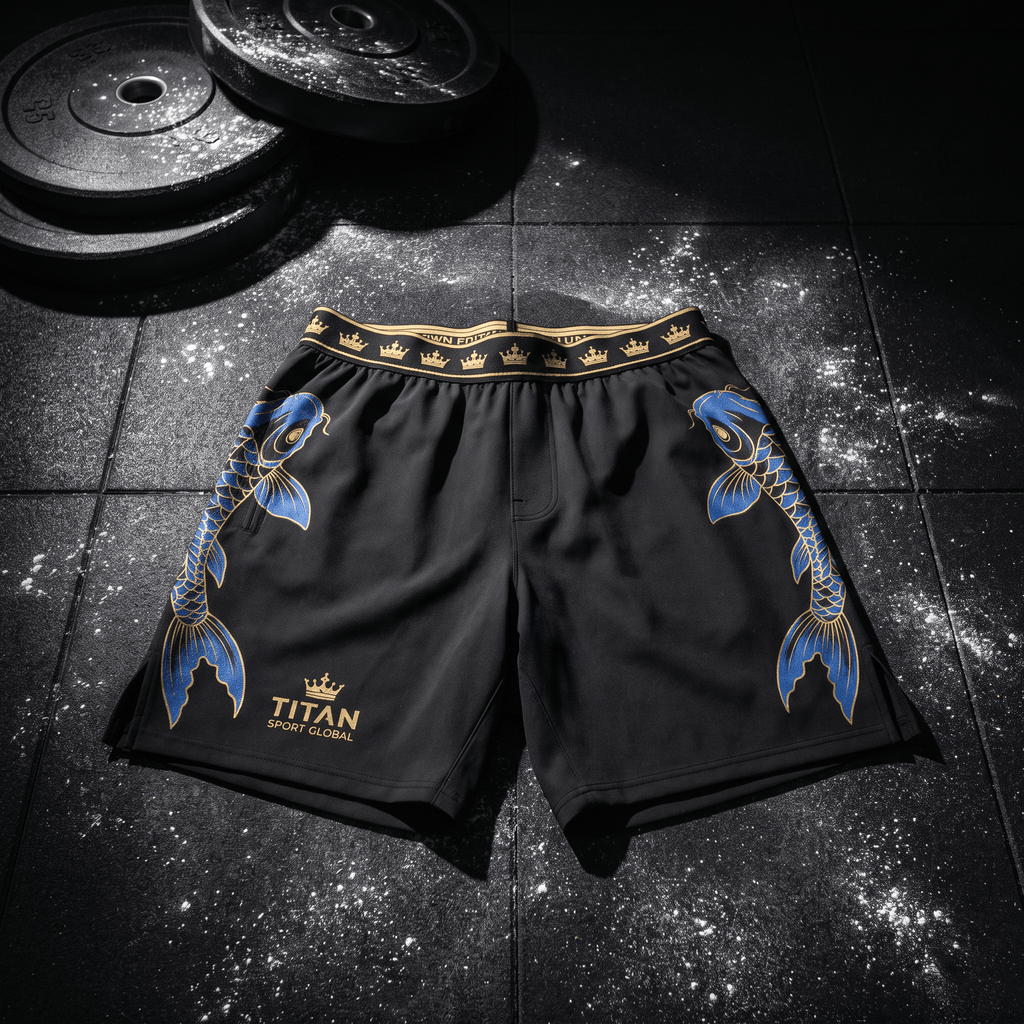 Black athletic shorts with blue koi fish designs, gold crown waistband, and Titan Sport Global logo on a gym floor.