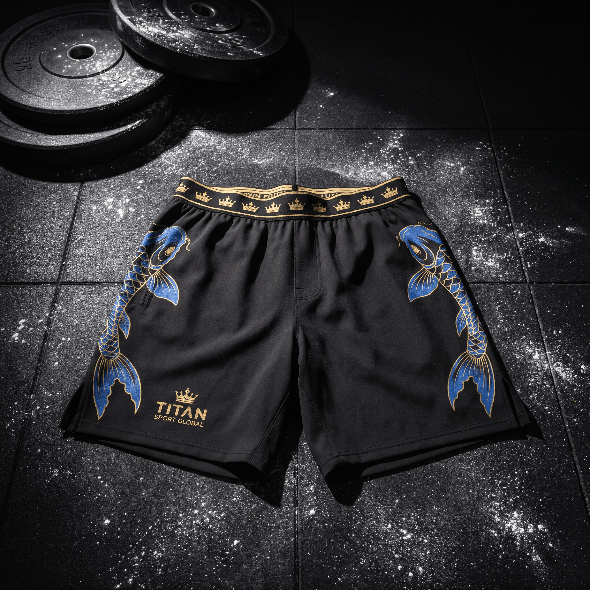 Black athletic shorts with blue koi fish designs, gold crown waistband, and Titan Sport Global logo on a gym floor.