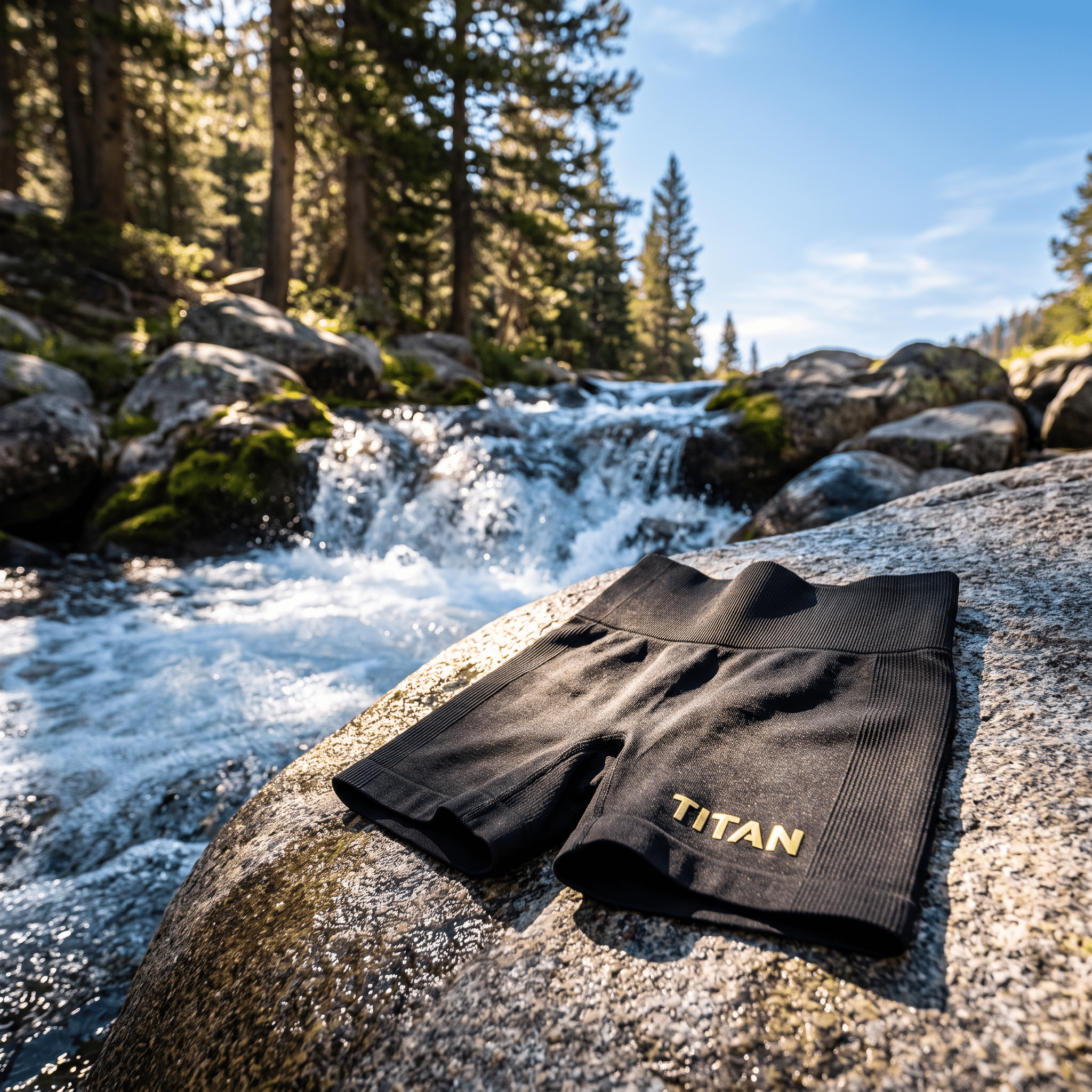 Black ribbed athletic shorts with a gold "TITAN" logo resting on a rock by a mountain stream.