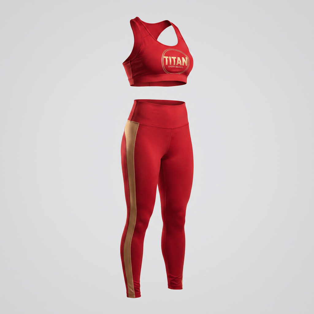 Red athletic sports bra and matching high-waisted leggings with gold side stripes and Titan Sport Brasil logo.
